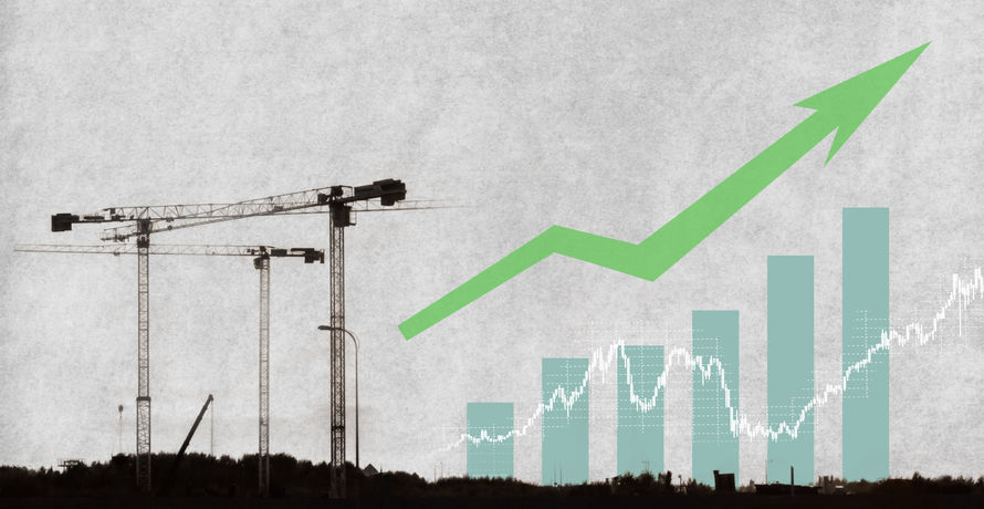 A black and white photo of large cranes building with a bar graph blue, lined chart in white to the right of the cranes, with a green zig zag arrow pointing up and to the right, marrying growth and expansion.